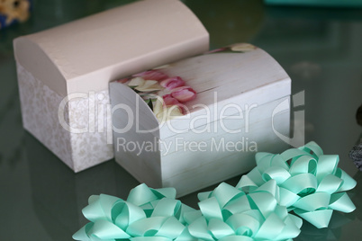 Beautiful homemade caskets stand on the table