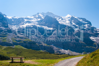 magnificent Alpine panorama of the peak of the Jungfrau. Grindelwald, Bernese Alps, Switzerland, Europe
