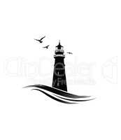 Lighthouse logo. Nautical icon with lighthouse with ocean waves