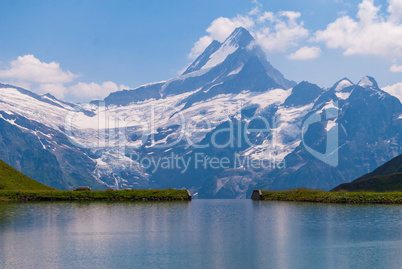 Great view of the rocky mountains. Popular tourist attraction. Location place Bachalpsee in Swiss Alps, Grindelwald valley, Bernese Oberland, Europe