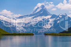Great view of the rocky mountains. Popular tourist attraction. Location place Bachalpsee in Swiss Alps, Grindelwald valley, Bernese Oberland, Europe