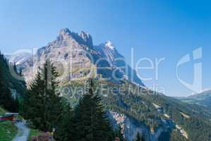 Hiking trail in the Swiss Alps in summer overlooking the Eastern slopes of the Eiger peak