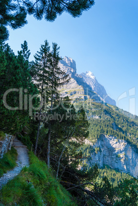 Hiking trail in the Swiss Alps in summer overlooking the Eastern slopes of the Eiger peak