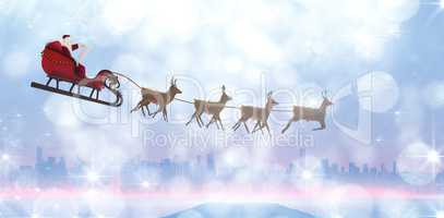 Composite image of side view of santa claus riding on sleigh during christmas