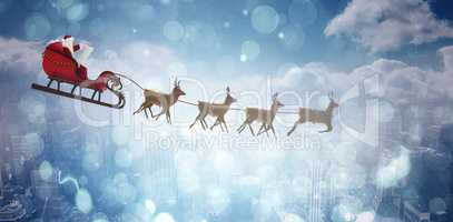 Composite image of side view of santa claus riding on sleigh during christmas