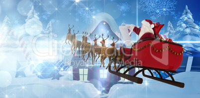 Composite image of santa claus riding on sled during christmas