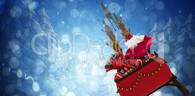 Composite image of rear view of santa claus riding on sled