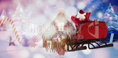 Composite image of santa claus riding on sleigh during christmas