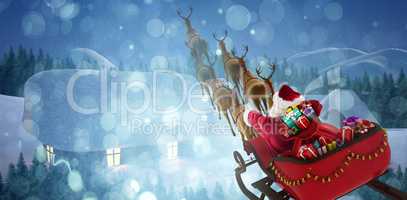 Composite image of high angle view of santa claus riding on sled with gift box