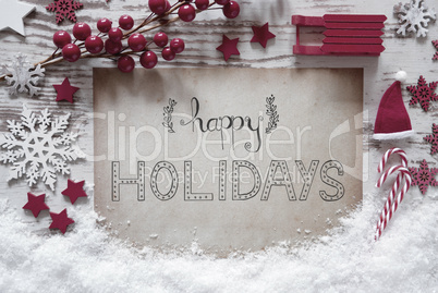 Red Christmas Decoration, Snow, Calligraphy Happy Holidays