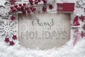 Red Christmas Decoration, Snow, Calligraphy Happy Holidays