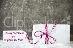 White Gift, Snow, Label, Text Merry Christmas And Happy New Year
