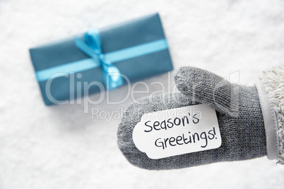 Turquoise Gift, Glove, English Text Seasons Greetings