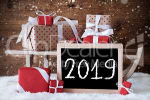 Sleigh With Red Gifts, Snow, Snowflakes, Text 2019