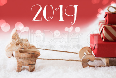 Reindeer With Sled, Red Bokeh Background, Text 2019