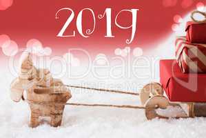 Reindeer With Sled, Red Bokeh Background, Text 2019