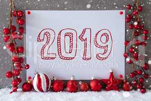 Label, Snowflakes, Red Christmas Balls, Text 2019, Snow