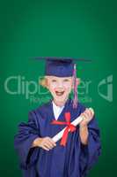 Cute Young Caucasian Boy Wearing Graduation Cap and Gown Against