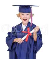 Cute Young Caucasian Boy Wearing Graduation Cap and Gown Isolate