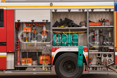 View of neatly fixed equipment for fire fighting.