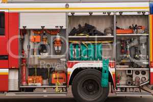 View of neatly fixed equipment for fire fighting.