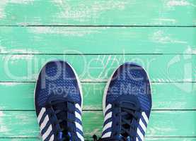 blue sport sneakers on green wooden background
