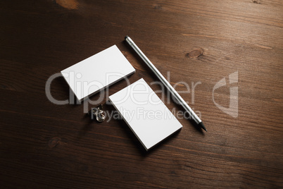 Business cards, pencil