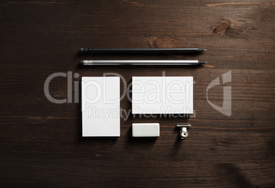 Business cards, pencil, eraser