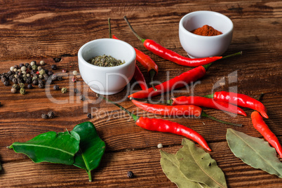 Some condiment lying on wooden surface.