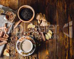 Ingredients for Masala Chai and Cup with Beverage