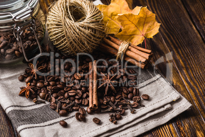 Coffee Beans with Autumn Leaves