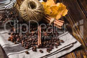 Coffee Beans with Autumn Leaves