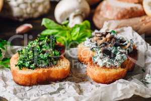 Two Bruschettas with Greens and Mushroom Sauce