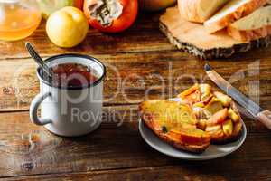 Fruit Bruschettas with Tea in Metal Mug