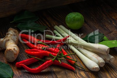 Mini chili peppers, galangal root, kaffir lime and lemongrass