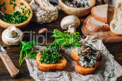 Italian Snack Bruschetta with Greens and Mushrooms