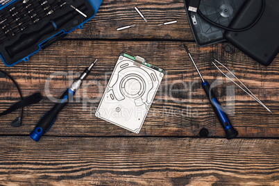 HDD with Precision Screwdriver on Wooden Table