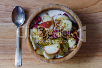 Bowl of milk with muesli, berries and fruits