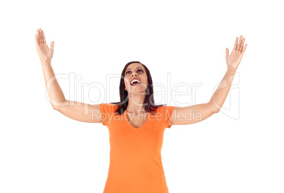 Woman raising her arms and screaming