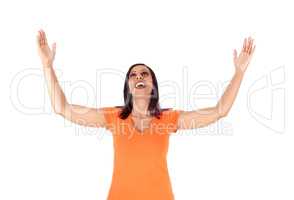 Woman raising her arms and screaming