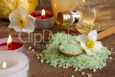 Spa still life with bath salt and candles