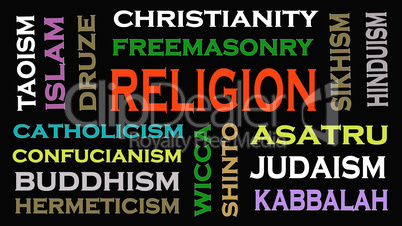 Religion concept word cloud on black  background.