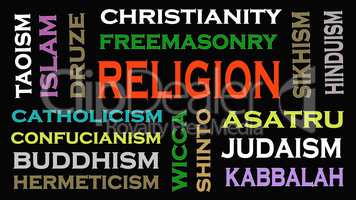 Religion concept word cloud on black  background.