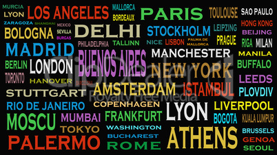 Cities of the world, travel destinations word cloud concept