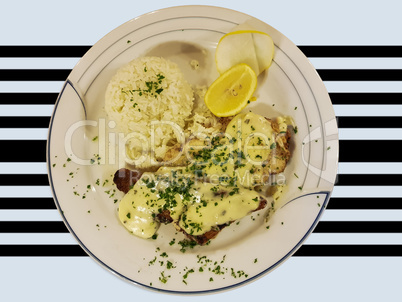 Grilled fish fillet with gravy sauce with rice