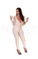 Woman dancing in silver jumpsuit