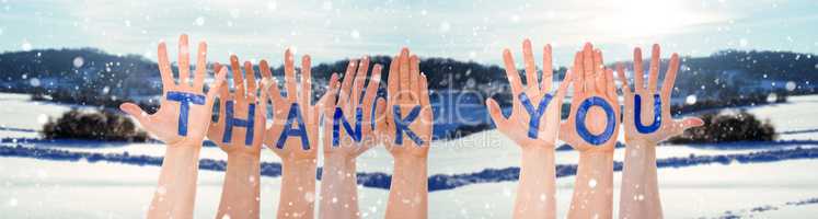 Many Hands Building Word Thank You, Winter Scenery As Background