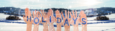 Many Hands Building Word Holidays, Winter Scenery As Background