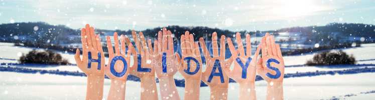 Many Hands Building Word Holidays, Winter Scenery As Background