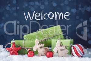 Green Christmas Gifts, Snow, Decoration, Text Welcome